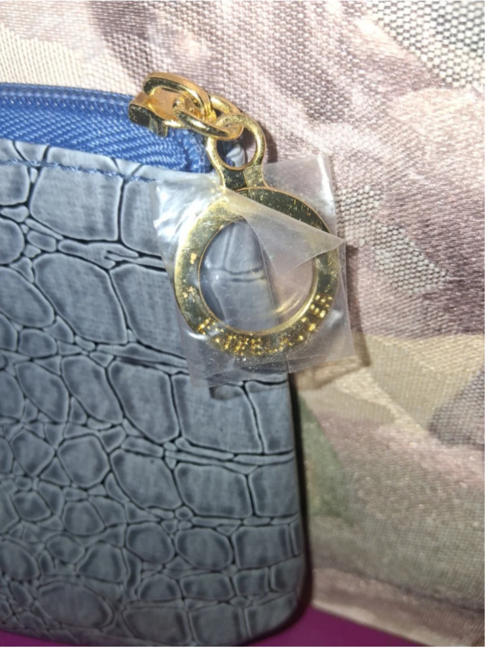 New Blue Croc-Embossed Faux Leather Makeup Bag with Zipper and Gold Ring Pull
